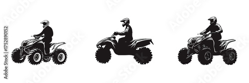 Silhouette of ATV rider on quad bike off-road vehicle set with helmet minimal flat vector design isolated on white background