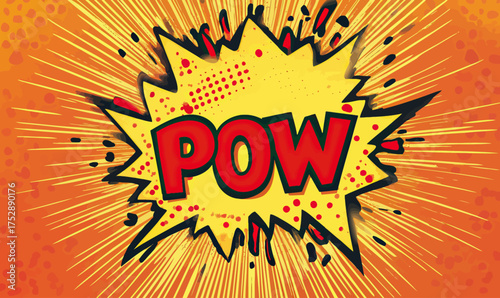Comic style explosion bubble with bold red POW text in yellow burst background vibrant comic book effect graphic illustration vector