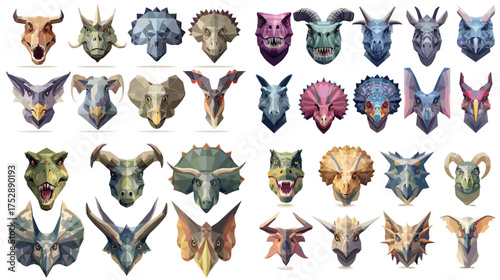 Realistic dinosaur head collection featuring triceratops, tyrannosaurus, and other species. Detailed prehistoric animal illustration perfect for education, museum, or fantasy art.
