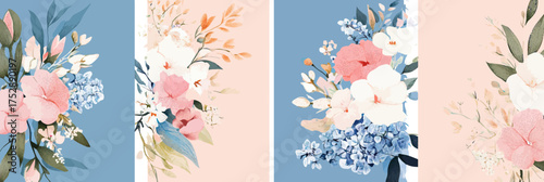 Elegant floral arrangements with pink hibiscus white blossoms blue flowers and green leaves vertical greeting card backgrounds in pastel tones for invitations and posters