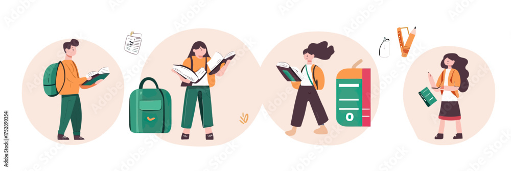 Fototapeta premium Students studying books reading preparing school backpack academic learning education concept flat minimalist vector illustration set