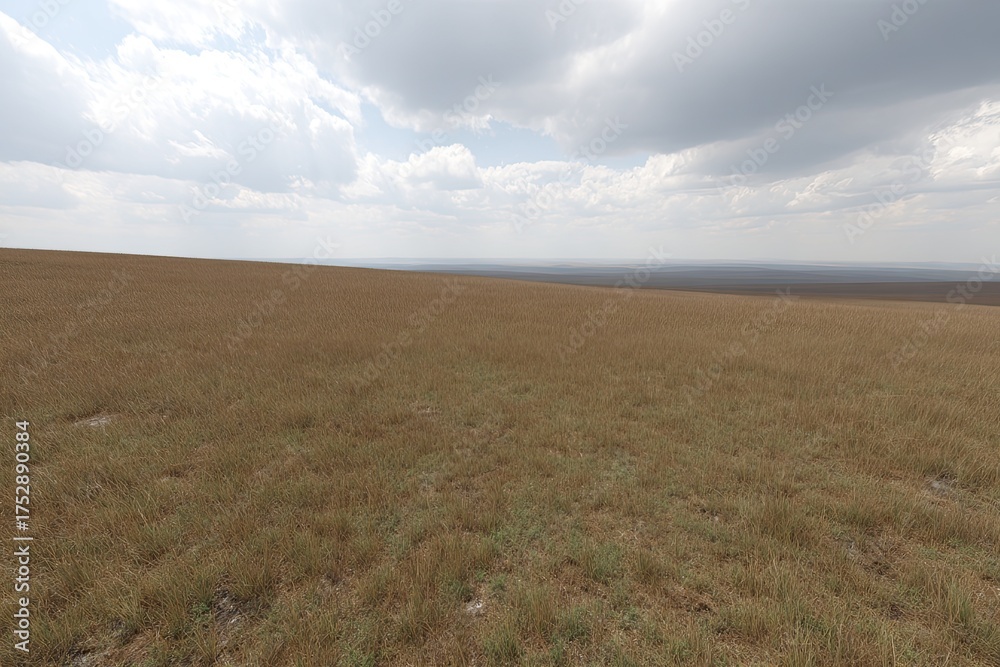 Fototapeta premium Grassy field meets cloudy sky, distant dark trees on horizon