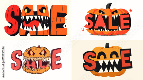 Spooky Halloween sale typography with carved pumpkin faces replacing letters. Creepy seasonal lettering perfect for Halloween marketing, posters, and festive advertising designs.