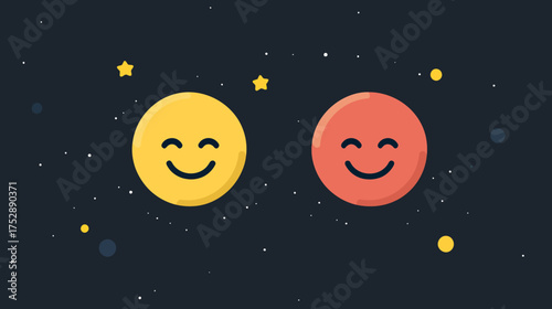 Smiling yellow and red happy face emojis with stars and dots minimalist flat style feedback icons on dark background vector illustration
