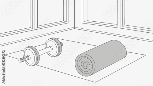 A simple line drawing of a dumbbell and rolled mat on a floor near a window in a corner of a room space