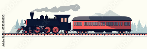Vintage steam locomotive with passenger car on railway track flat minimalist vector illustration with mountain and forest background in retro style