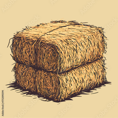 Hand drawn detailed vector illustration of stacked rectangular hay bales, farm harvest, agricultural feed straw bundles in rustic style on beige background