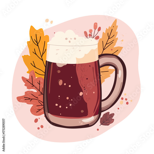 Dark beer mug with foam surrounded by autumn leaves flat minimalist vector illustration for fall seasonal Oktoberfest celebration design concept