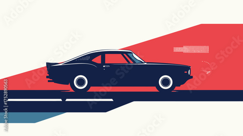 Side view of vintage black sports car with red window tint and stylized smoke effect on abstract urban road background in flat minimalist vector style