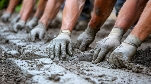 Muddy hands working together, building with clay, teamwork and c