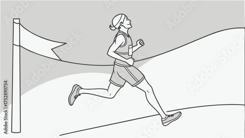 A monochrome line drawing of a female runner crossing the finish line with a flag waving in the background