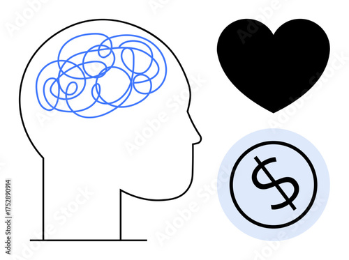 Profile of human head with tangled lines inside, heart, and dollar sign evoking emotions, financial challenges, and mental health awareness. Ideal for psychology, decision-making, emotional balance