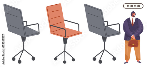 Three office chairs symbolize choices, with a businessman holding a briefcase, contemplating opportunities. Ideal for recruitment, career development, decisions, job search, employment, workforce