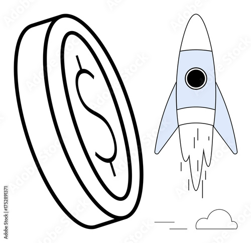 Blue rocket blasting off near a large dollar coin, symbolizing economic growth, innovation, and achievement. Ideal for finance, investment, business growth, success, startup launch innovation