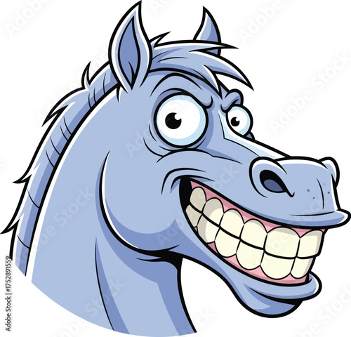 Crazy cartoon horse with a huge grin and wild eyes, expressing mischief and humor.