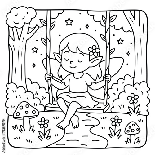 Fairy Girl Relaxing on Swing | Whimsical Night Forest Coloring Sheet for Kids