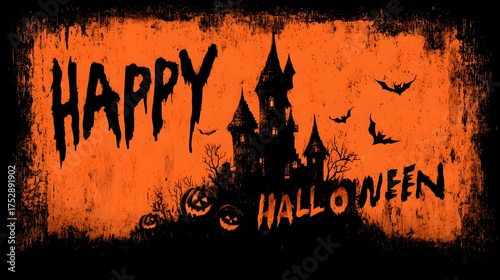 Wallpaper Mural  Halloween invitation design with gothic castle silhouette, pumpkins, and customizable horror-themed text Torontodigital.ca