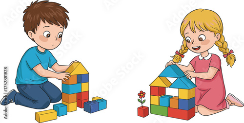 children playing blocks, colorful building blocks, preschool learning activity, imaginative playtime fun, 