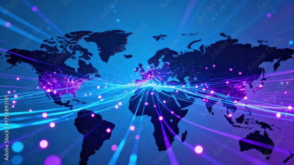 Obraz premium Global Strategy: Digital world map with vibrant lines representing connectivity and technology.