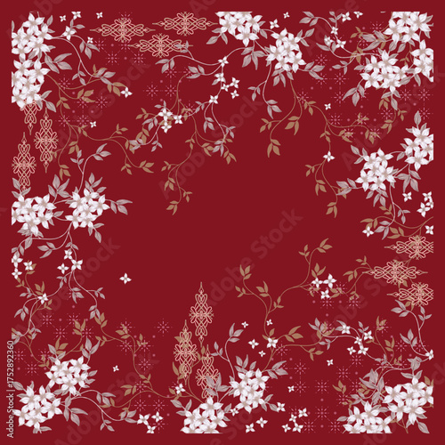 Simple pattern leaf floral hijab scarf design in red ruby color