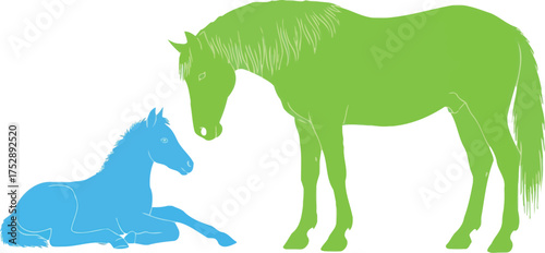 Gentle mother horse watches over her resting foal in a peaceful scene