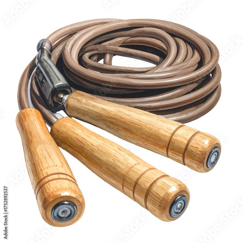 Brown jump rope with wooden handles, coiled and ready for exercise