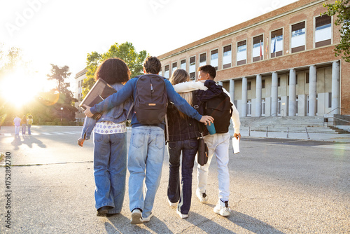 Diverse students walking to university campus together