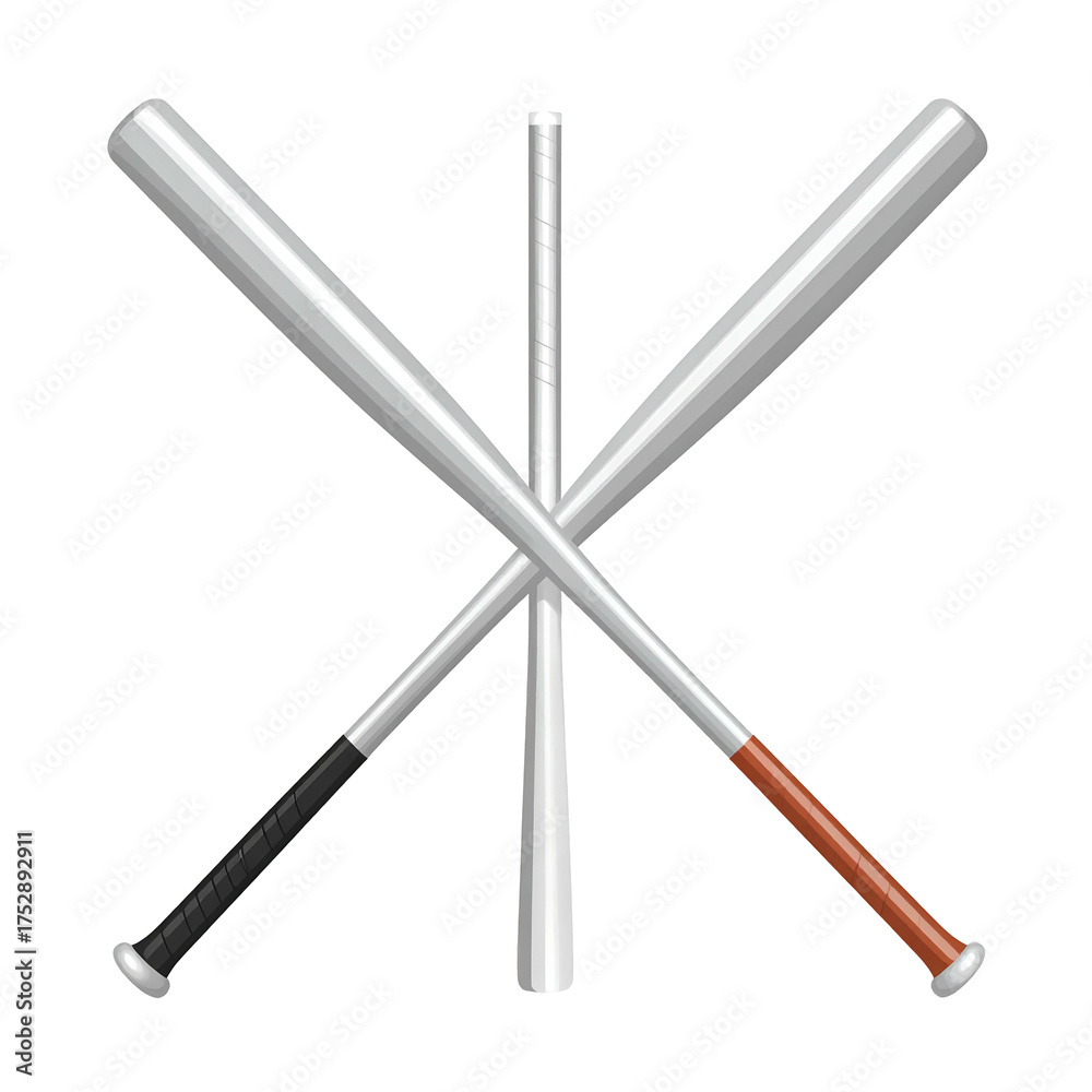 Naklejka premium A symbolic graphic of crossed baseball bats, one upright. Background is solid black