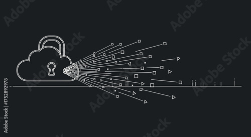Conceptual illustration of data transfer, information flow, and security in cloud computing technology.