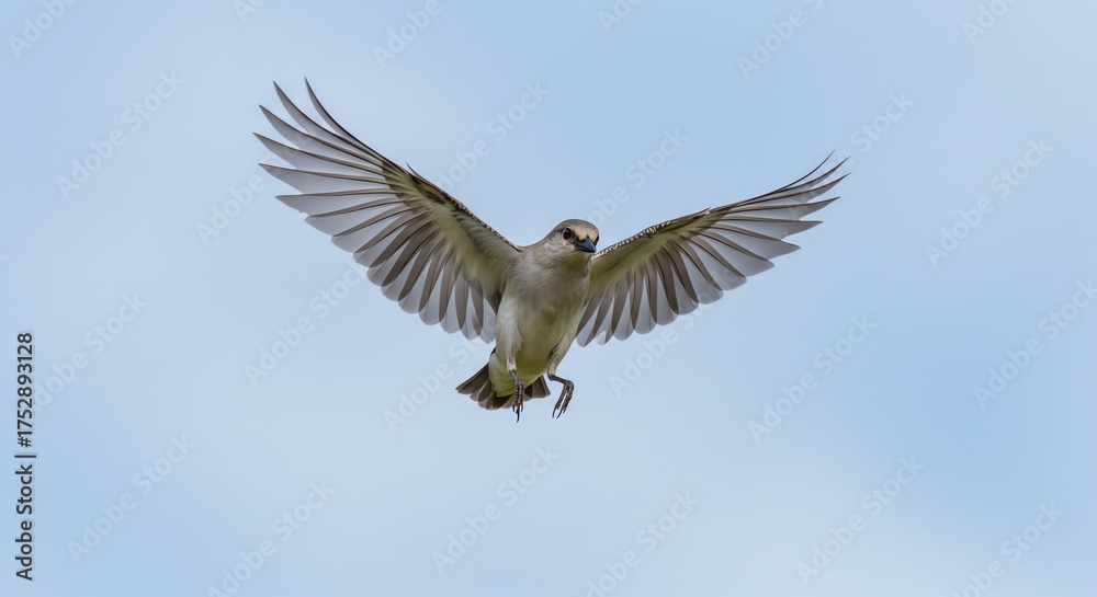 Obraz premium Bird in Flight Elegant Small Bird Flying with Outstretched Wings Against Clear Blue Sky