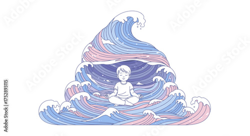 A person finds inner calm while meditating, completely surrounded by large, stylized pink and blue ocean waves.