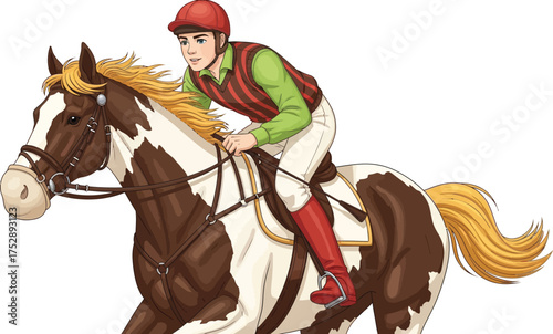 Young jockey races a colorful horse with determination and speed