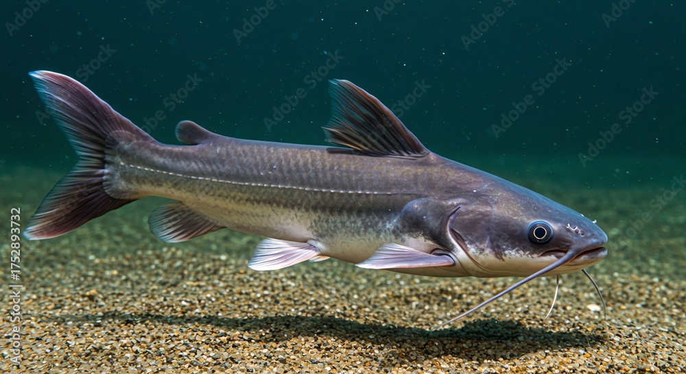 Fototapeta premium Catfish Swimming in Freshwater Aquarium with Sandy Bottom and Blue Background