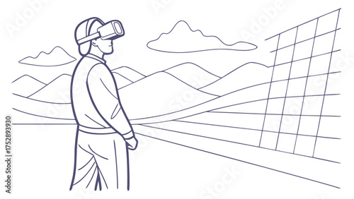 A person wearing a vr headset standing in a virtual landscape with mountains and a grid in the distance