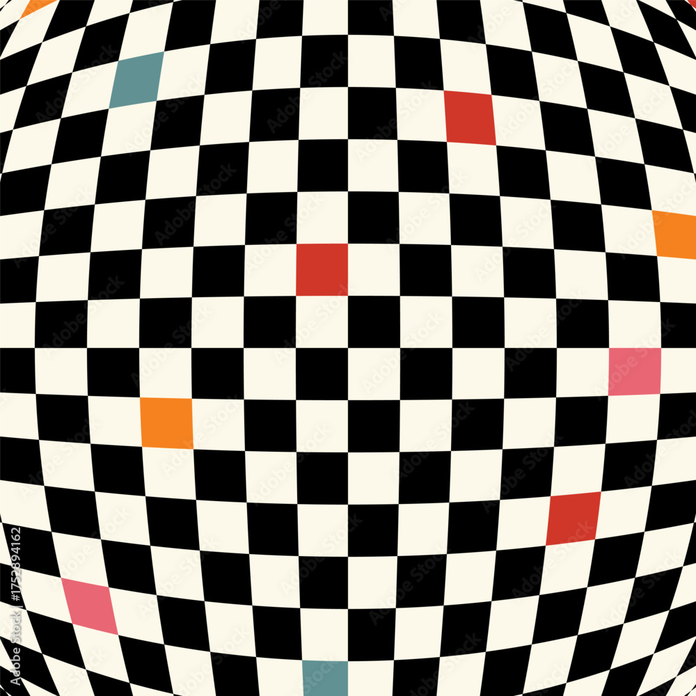 Fototapeta premium Hypnotic geometric background with checkerboard design. Black and white squares with color accents, creating a bold optical illusion effect , modern groovy funky psychedelic design.