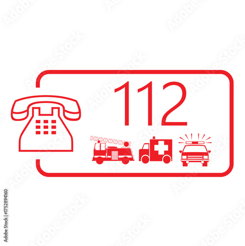 Emergency number 112. Call an ambulance, fire brigade or police. Emergency service vehicles. European 112 Day. Vector. Images produced without the use of any form of AI software at any stage.