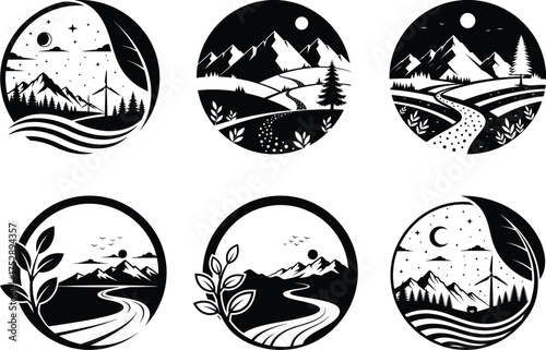 A collection of six black and white vector illustrations, each enclosed within an oval shape. These illustrations depict various natural landscapes, including mountains, rolling hills, rivers, trees