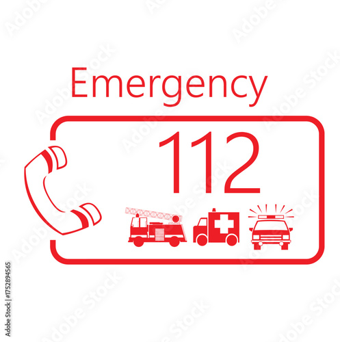 Emergency number 112. Call an ambulance, fire brigade or police. Emergency service vehicles. European 112 Day. Vector. Images produced without the use of any form of AI software at any stage.
