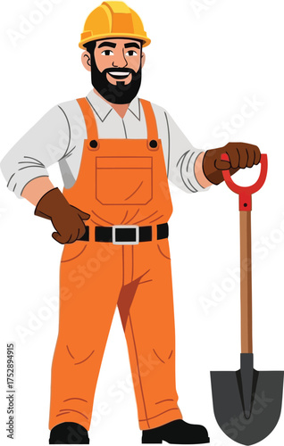 Smiling construction worker in hard hat and overalls holds shovel outdoors