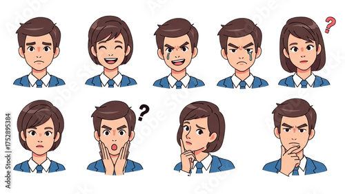 Set of young professional avatars showing a variety of facial expressions and human emotions