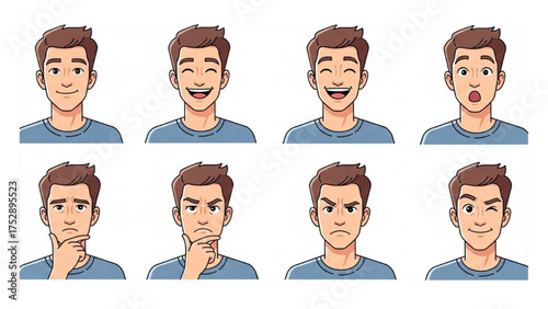 Set of a young man's facial expressions showing various emotions like happiness, sadness, and anger