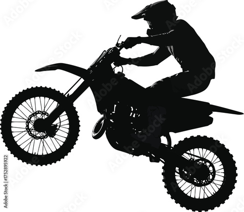 Dynamic silhouette of a motocross rider performing a jump against a white background, capturing the thrill of extreme sports.