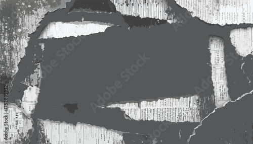  A dramatic grayscale collage with ripped newspaper sheets framing a deep black void, conveying mystery, decay, and contrast. Perfect for themes of media, fragmentation