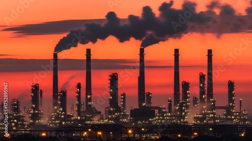 Silhouette of buildings at sunset with orange and red sky
