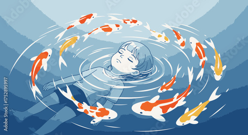 A serene illustration of a young girl peacefully floating in blue water, surrounded by a swirling circle of colorful koi fish.
