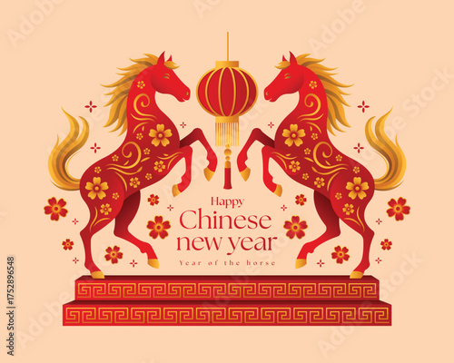 Happy chinese new year - Red gold twin horse china zodiac stand with legs raised on stage between chinese lantern and flower around vector design