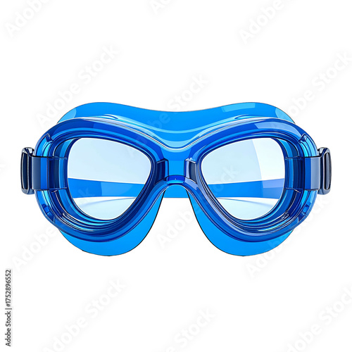 A close-up view of blue goggles, showing transparent lenses and adjustable strap, on black