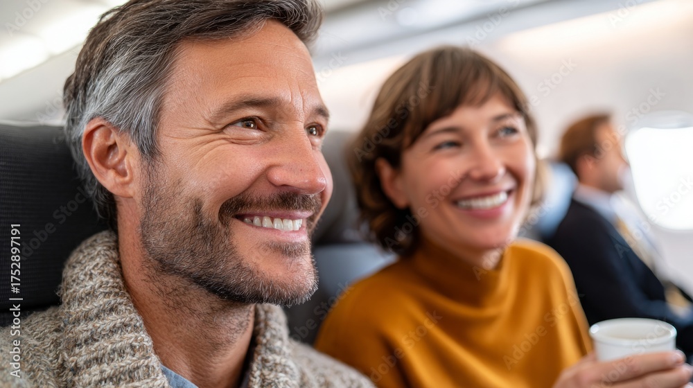 Obraz premium Couple sitting together on an airplane, smiling at the camera.