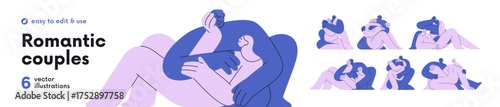 Love couples hugging, embracing set. Intimacy concept. People in romantic relationships, close friends. Intertwined bodies cuddling. Flat graphic vector illustrations isolated on white background