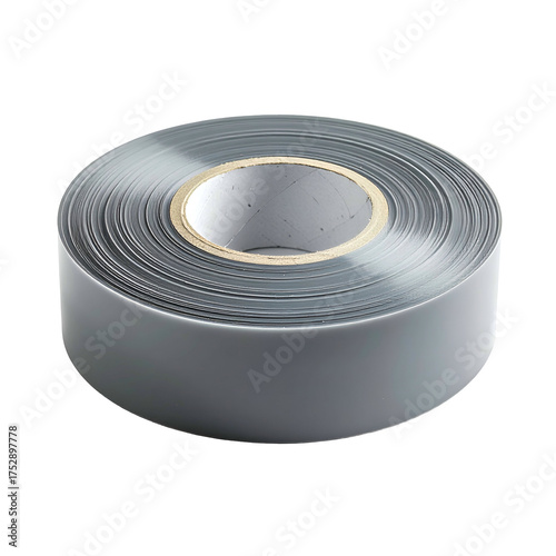 A roll of gray adhesive tape with a light brown core, isolated on a black background